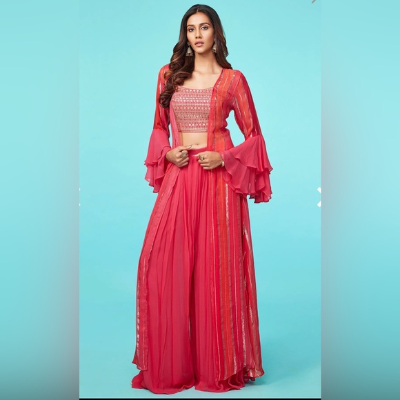 Embroidered small Indo-western palazzo dress 3-piece set yellow - Picture 6 of 6